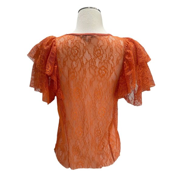 Haute Monde Orange Lace Flutter Sleeve Sheer Blouse Summer Romantic M - Picture 9 of 10
